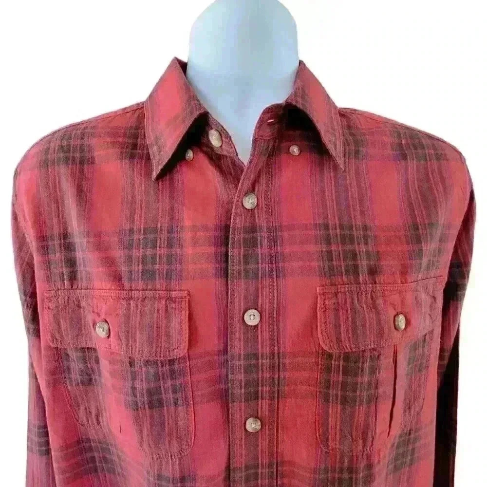 Eddie Bauer Plaid Button Down Shirt Size Medium Red & Black 100% Cotton - Picture 2 of 8